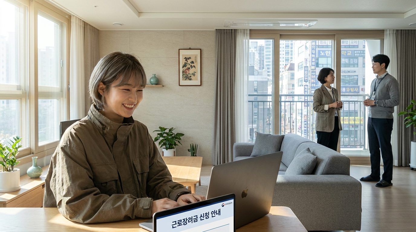 현대 한국 주거 공간에서 근로장려금 신청을 확인하는 젊은 청년의 모습