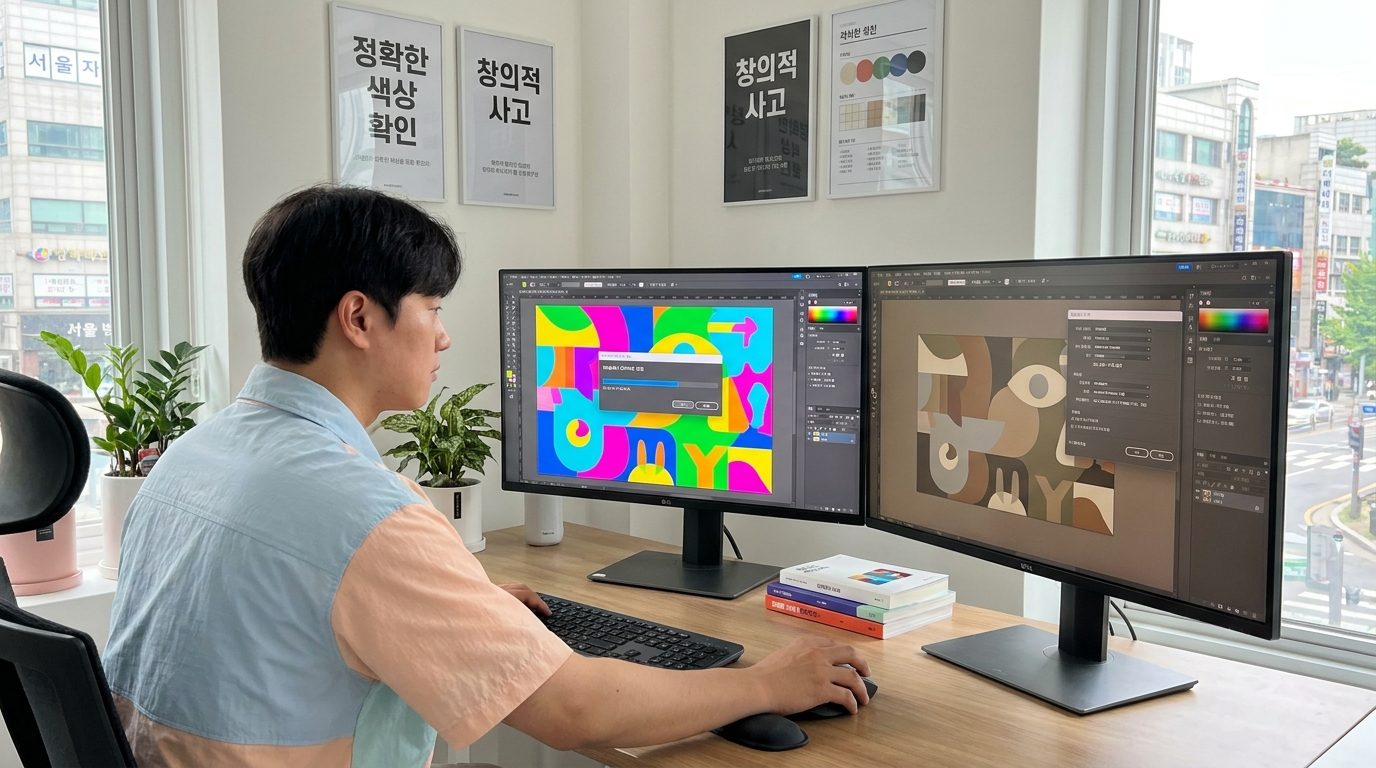 디자이너가 RGB에서 CMYK로 색상 변환 작업을 하는 그래픽 스튜디오 작업 공간