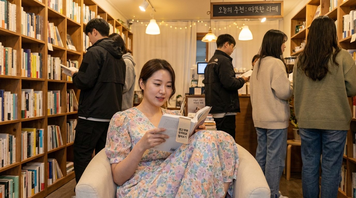 따뜻한 조명 아래 서점 구석에서 중간 페이지를 펼쳐보고 있는 꽃무늬 원피스를 입은 여성의 중간 거리 사진