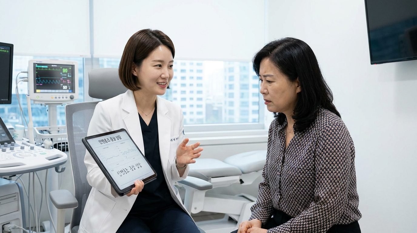 안면홍조 증상 상담을 받는 중년 한국 여성 환자와 친절한 여성 의사의 병원 상담 장면 실내
