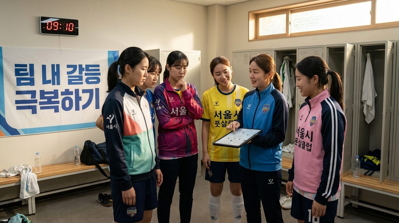 락커룸에서 팀 내 갈등에 대해 이야기하는 여성 풋살 선수들의 모습