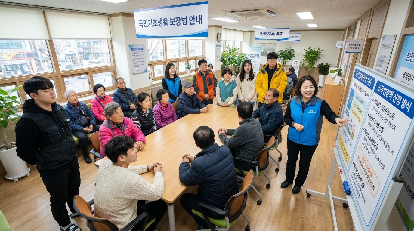 지역 복지센터에서 주거급여 소득인정액 기준을 설명하는 직원과 주민들