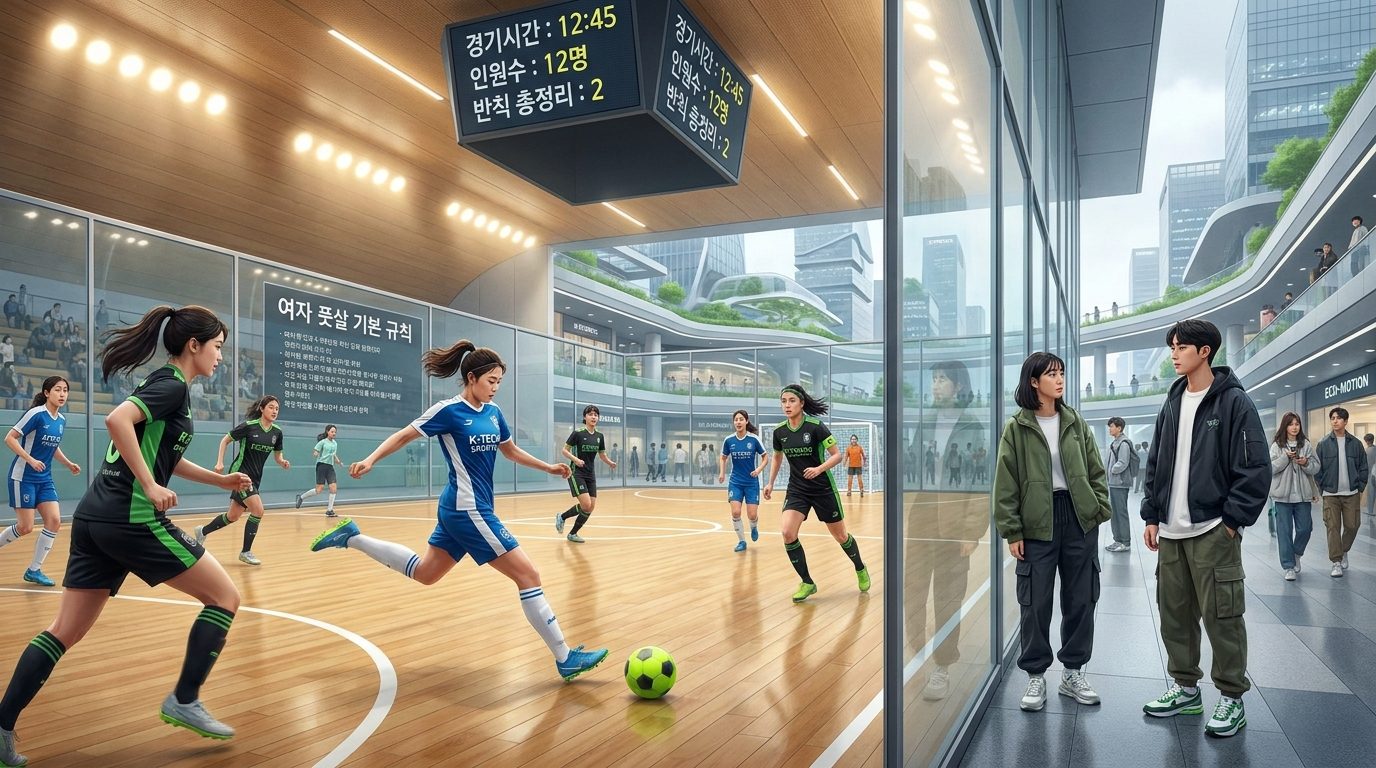 여자 풋살 기본 규칙: 현대적인 한국의 여자 풋살 경기가 실내 풋살 코트에서 활기차게 진행되는 모습, 한국 여성 선수들이 최신 2026년 스포츠 의류를 입고 협동하며 경기하는 장면이다.