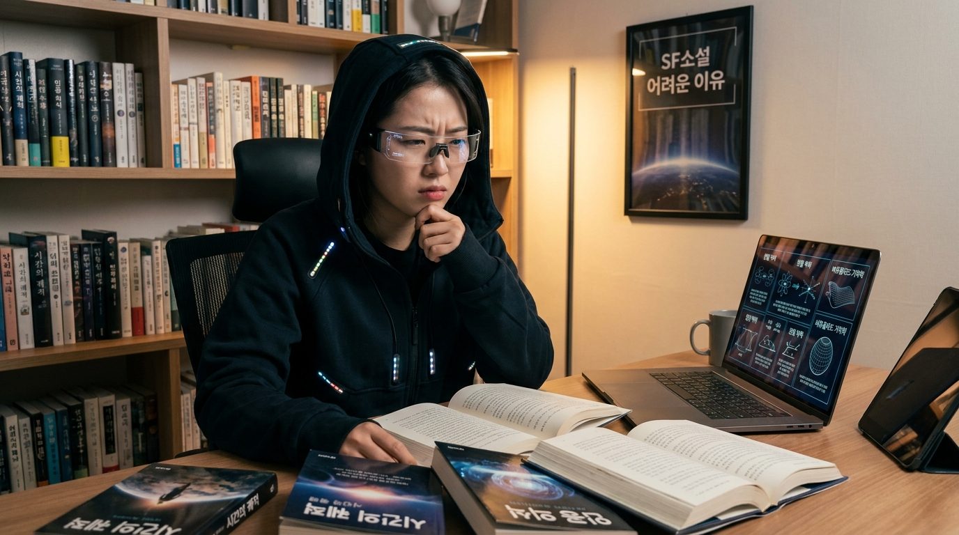 SF 소설 추천: 현대 한국 가정의 공부방에서 SF소설이 어렵게 느껴지는 이유에 대해 고민하는 한 사람 모습