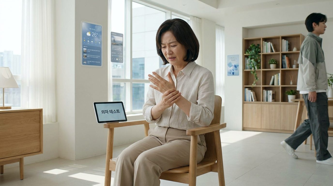 현대적인 한국 거실에서 의자 테스트로 테니스엘보 자가진단을 하는 40대 한국인 남성의 모습