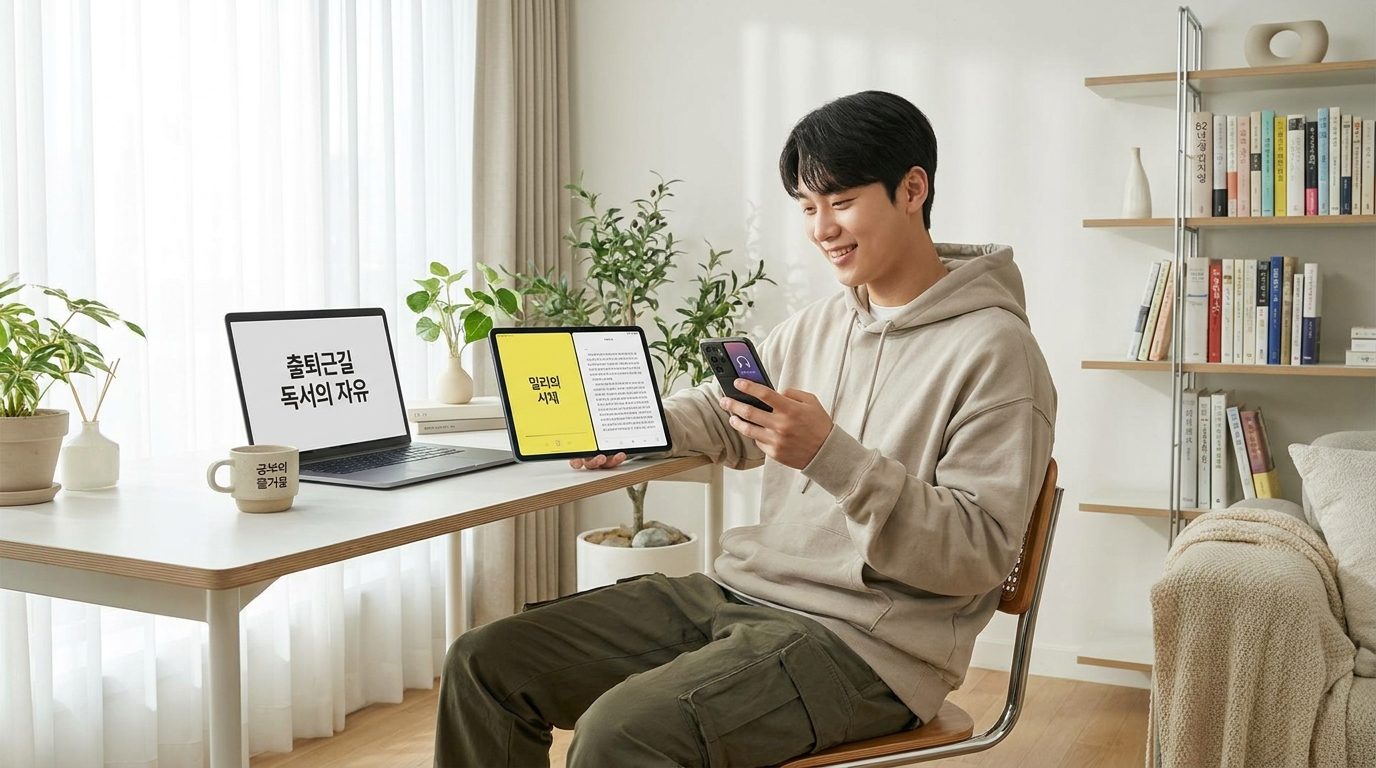 현대적이고 정돈된 홈 오피스에서 밀리의 서재 앱으로 전자책과 오디오북을 사용하는 한국인 청년의 사진