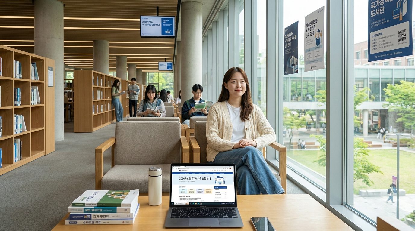 한국 대학생이 2026년 최신 패션을 입고 자연광이 들어오는 현대적인 캠퍼스 도서관에서 장학금 웹페이지를 노트북으로 확인하는 모습