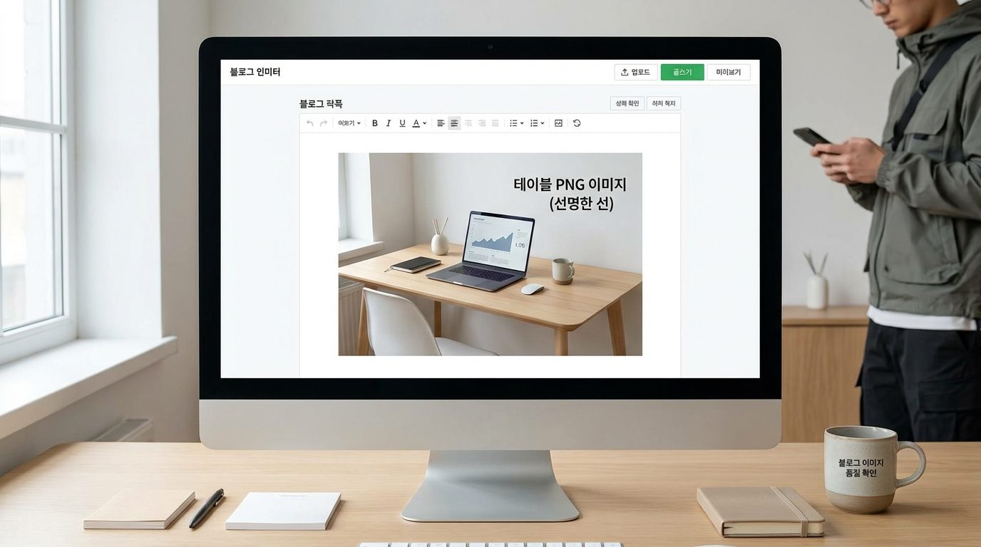 블로그 이미지 편집 화면에서 PNG 표 이미지와 한국어 텍스트가 보이는 클린 홈오피스 환경