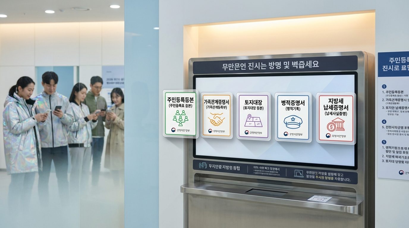 무인 민원 발급기로 발급 가능한 서류 종류를 한눈에 보여주는 인포그래픽 스타일 이미지