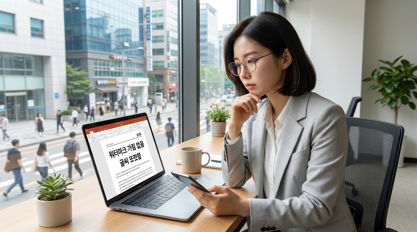 스마트폰 and 노트북에서 최종 PDF 품질 점검 중인 모습, 워터마크 가림 없음과 글씨 또렷함이 화면에 표시됨, 현대적 한국 사무실 환경