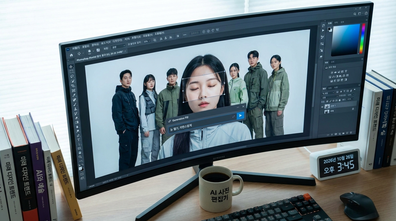 Adobe Photoshop에서 단체 사진의 눈 부분을 AI로 편집하는 화면