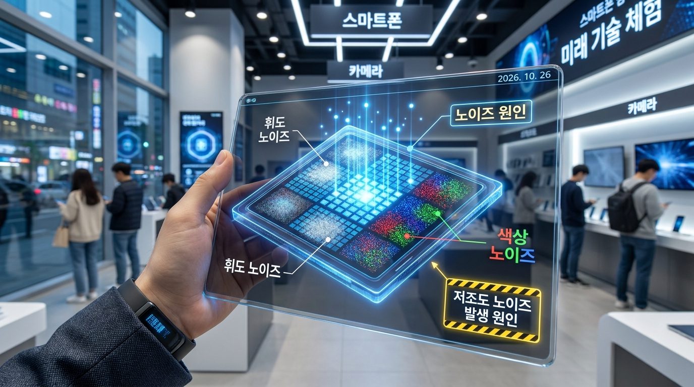 저조도 촬영 시 카메라 센서 노이즈 발생 원리를 설명하는 고화질 그래픽 이미지