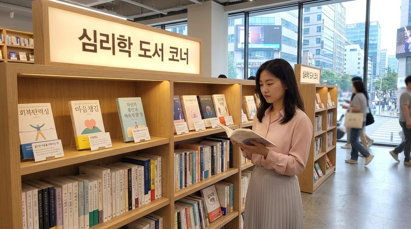 현대적인 한국 서점의 심리학 도서 코너에서 책을 고르고 있는 30대 한국 여성