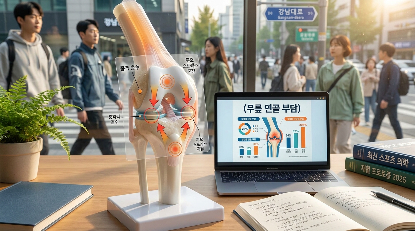 무릎 연골 부담을 설명하는 해부학적 모델과 한글 인포그래픽이 보이는 책상 위 모습
