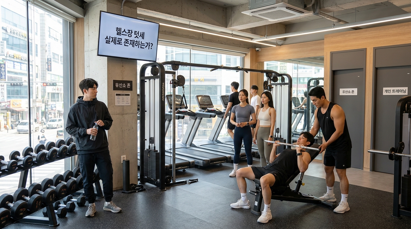 헬스장 프리웨이트 존에서 처음 등록한 회원이 주위 이용자들을 바라보며 주눅 든 모습과 헬스장의 한국적 분위기