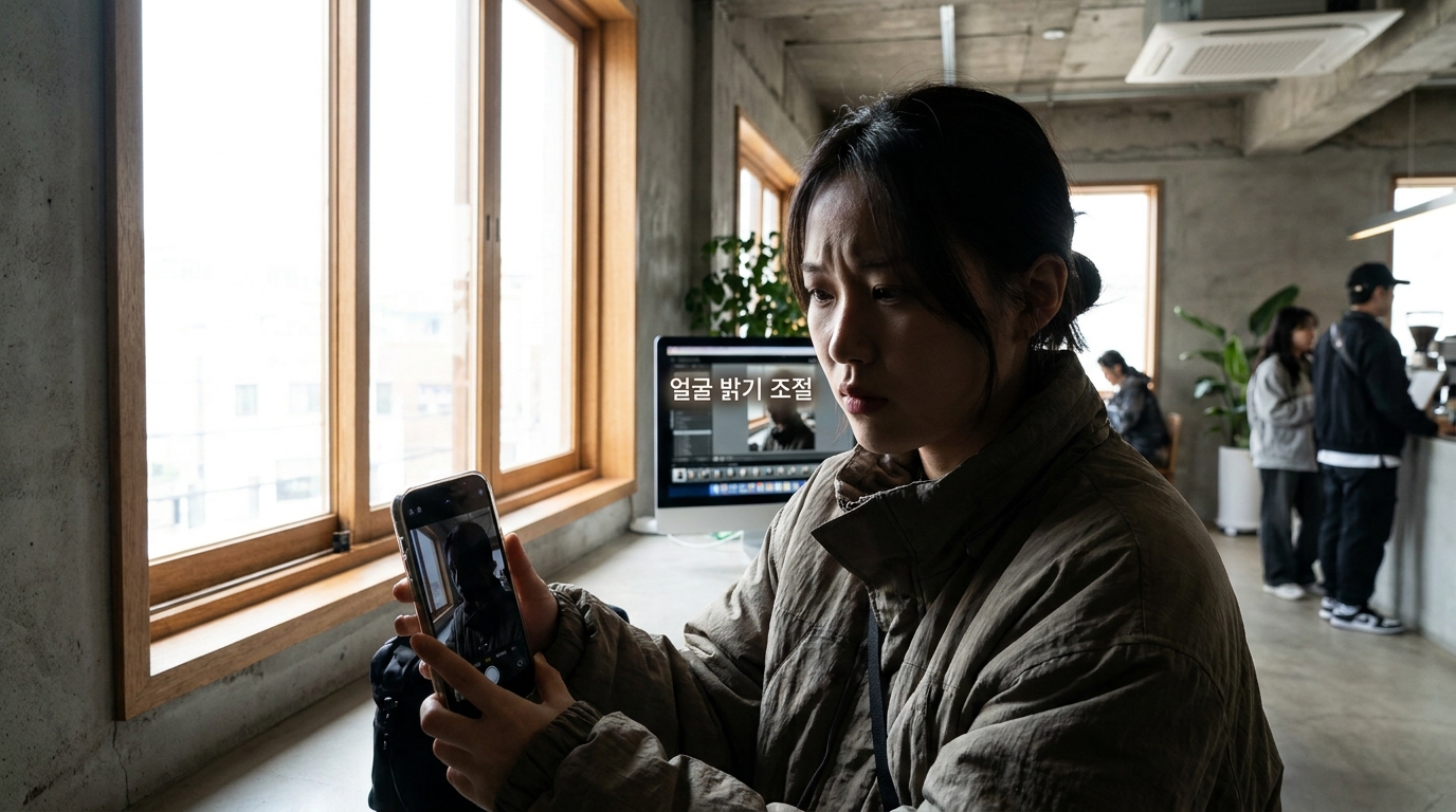 창가에 앉아 역광으로 어두워진 사진을 스마트폰에서 확인하는 한국 여성의 모습