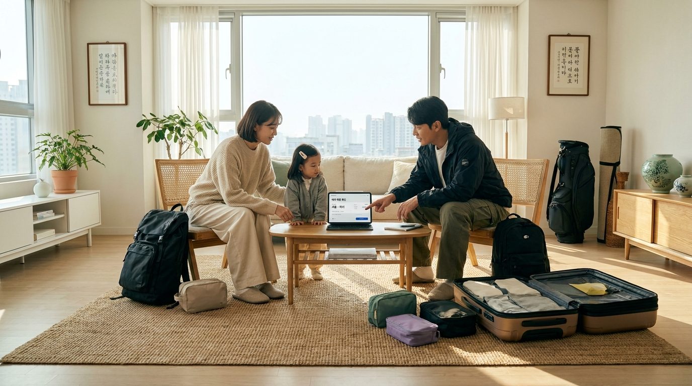 가족이 거실에서 항공권 예약 최종 확인하면서 여행 준비를 하는 모습, 현대 한국 가정 환경