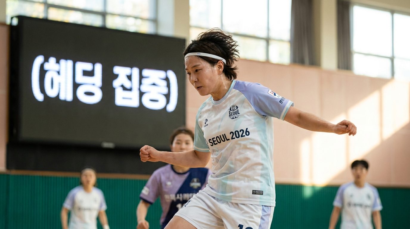 헤어밴드를 착용하고 헤딩 플레이를 하는 한국 여자 풋살 선수의 역동적인 모습