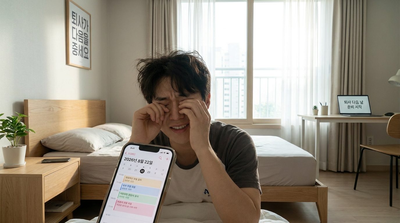 퇴사 후 지원금: 퇴사 다음 날 아침에 어두운 얼굴로 잠에서 깬 한국인 청년이 스마트폰과 노트북을 배경으로 현대적인 한국 침실에서 자연광을 받으며 있는 모습