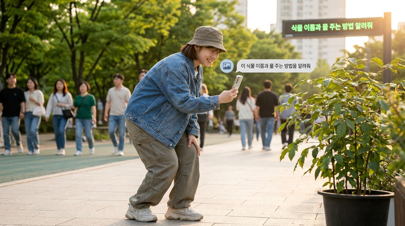 도시 공원에서 식물에 대해 챗GPT에 사진으로 질문하는 20대 한국 여성