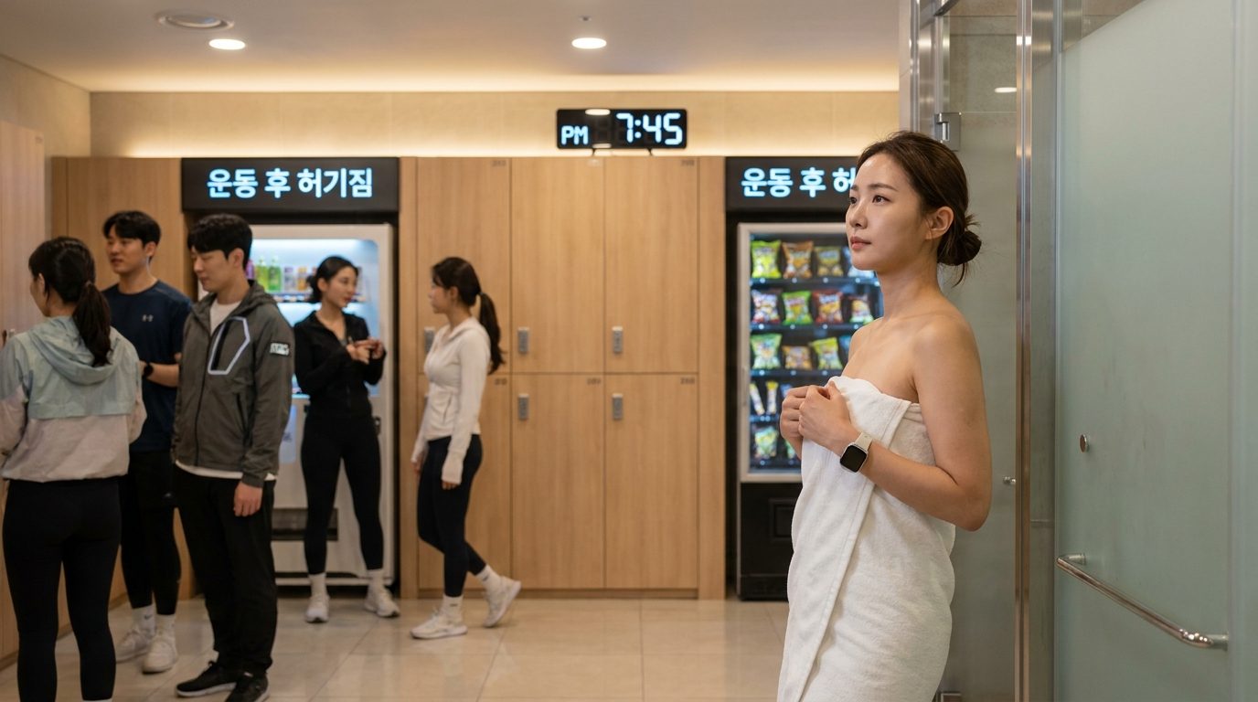 운동 후 샤워를 마치고 허기진 표정의 40대 한국 여성의 모습