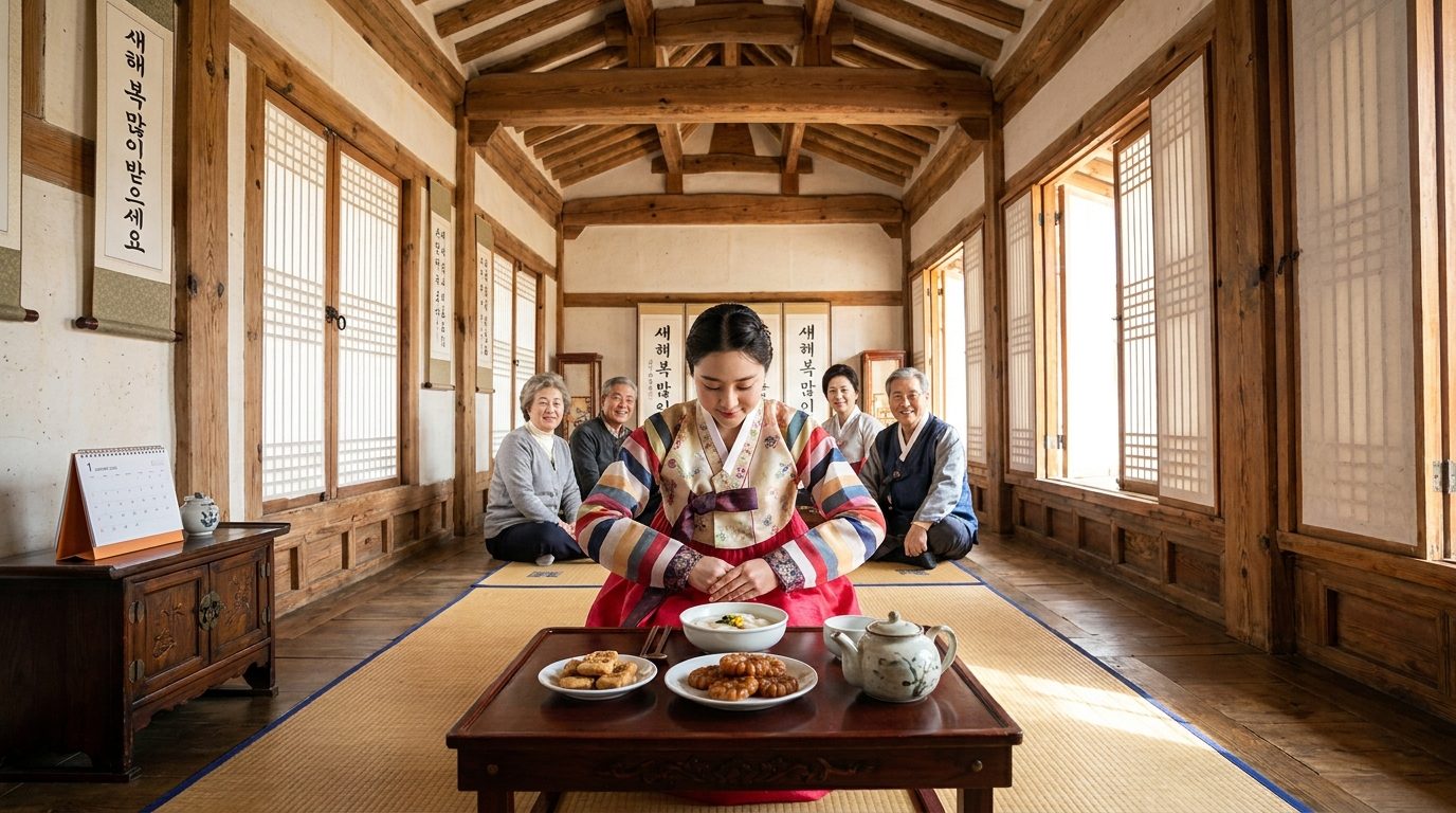 한옥 대청마루에서 한복 입고 세배하는 모습과 명절 전통음식이 놓인 소반