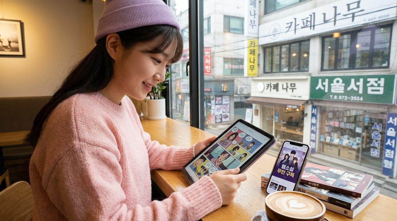 카페에서 웹소설과 만화를 즐기는 젊은 한국 여성의 모습