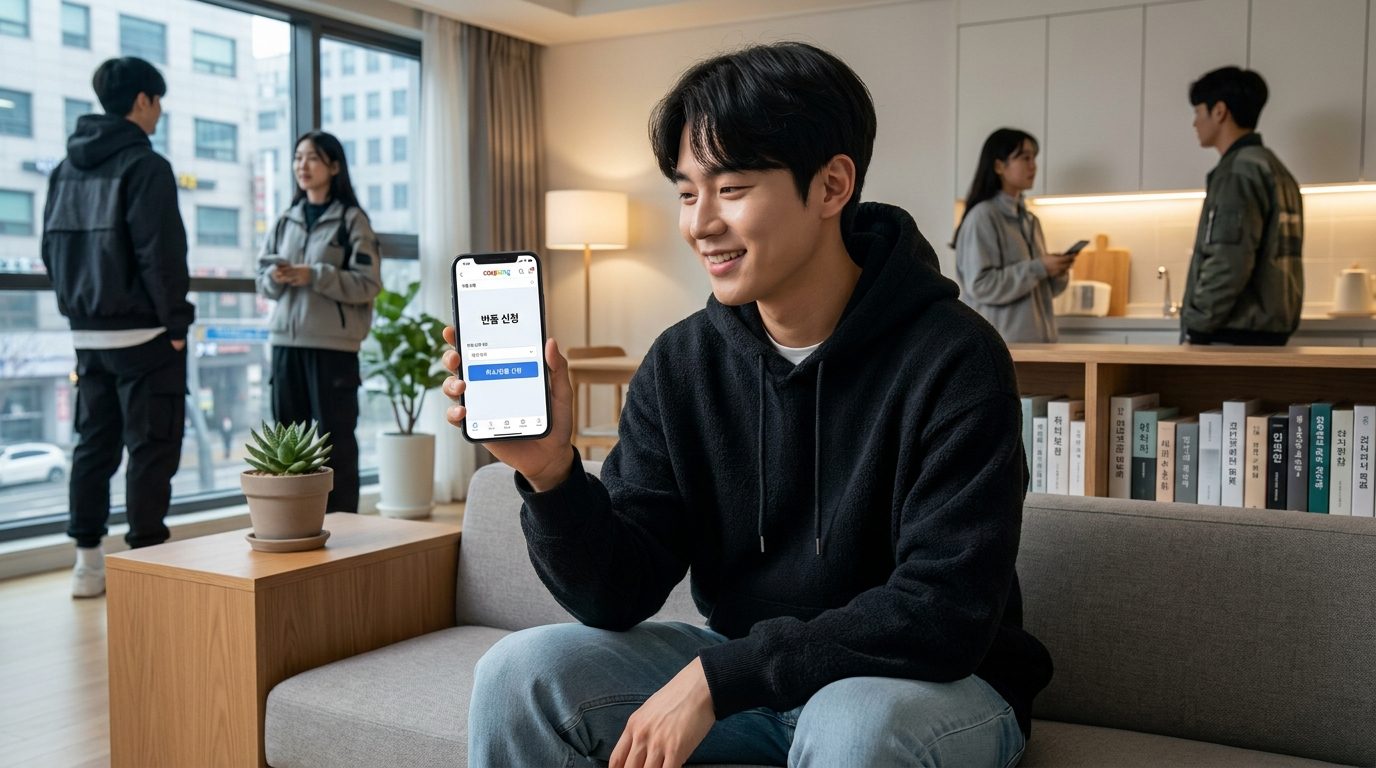쿠팡 앱에서 반품 신청을 하는 한국인 남성, 깔끔하고 현대적인 거실 배경