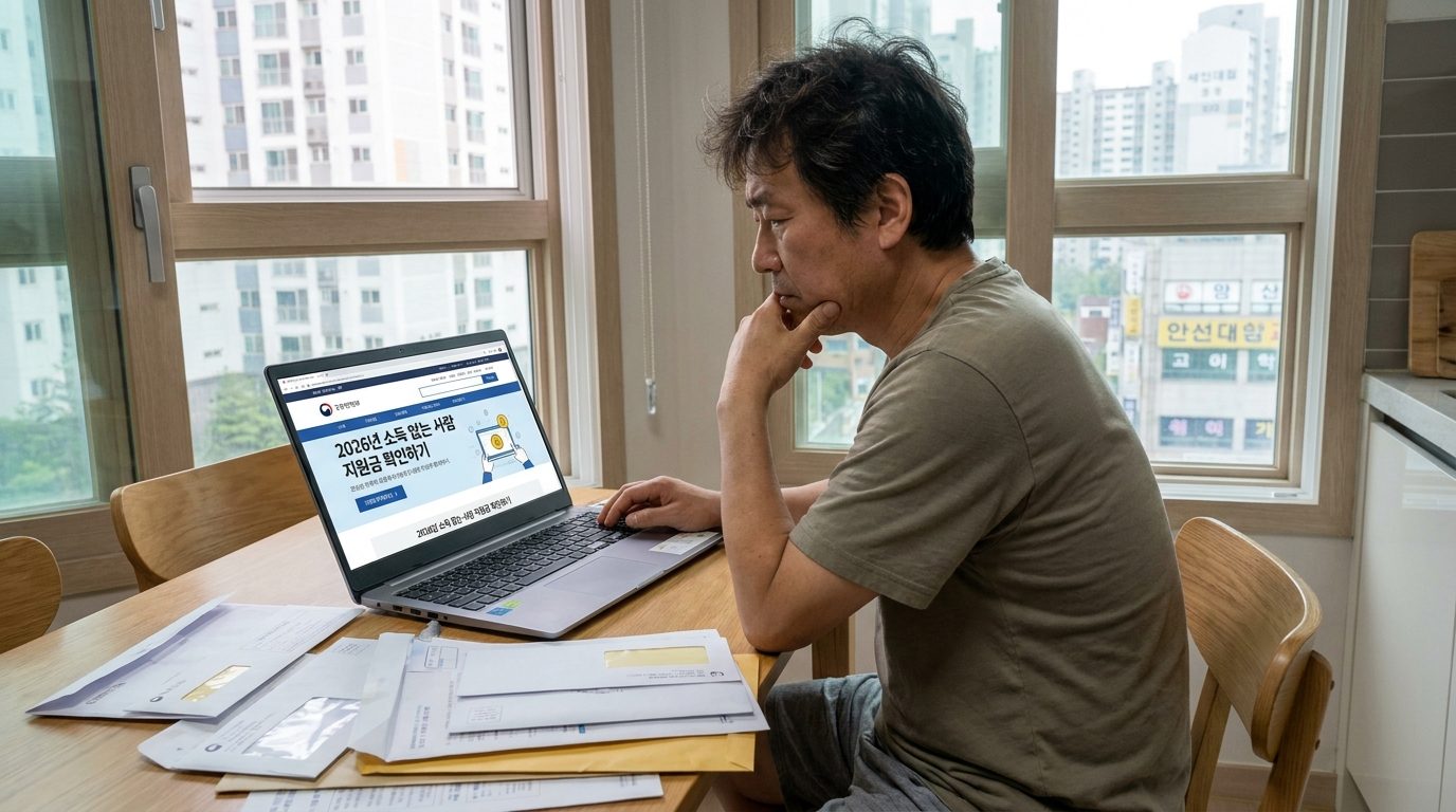 소득 없는 사람 지원금: 현대적인 한국 아파트에서 정부지원금 정보를 확인하며 재정 고민하는 한국인 성인