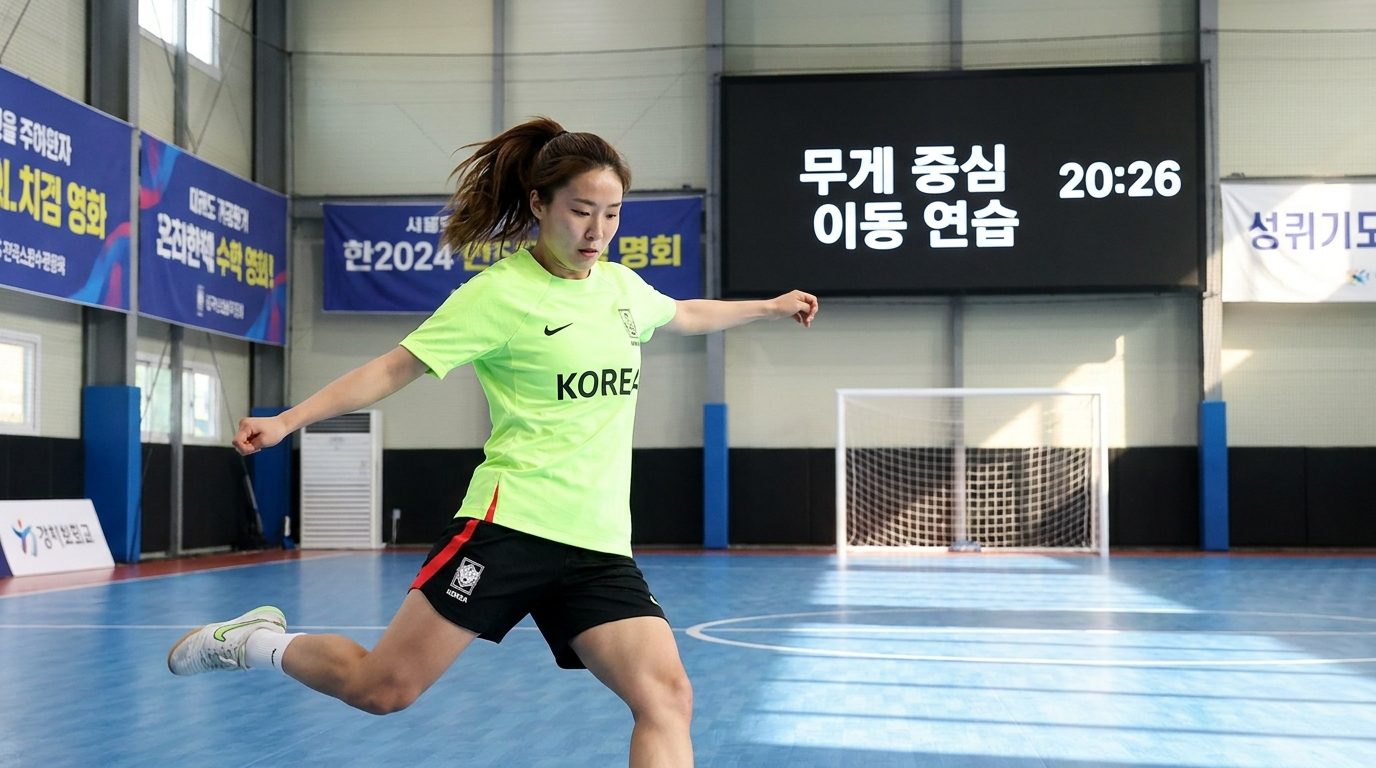 무게 중심을 앞으로 이동하며 슈팅 자세를 취하고 있는 한국 여자 풋살 선수의 동작 장면