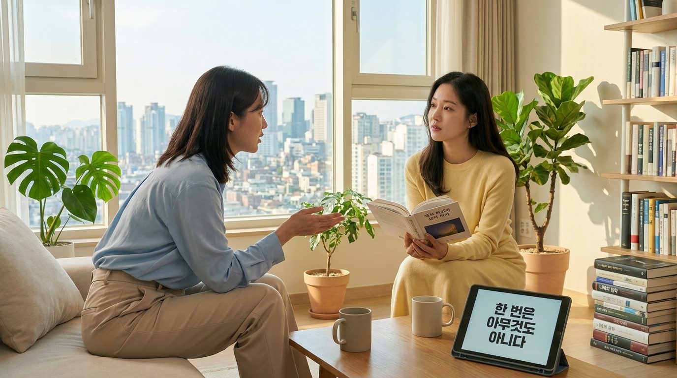 현대적인 한국 거실에서 철학을 토론하는 두 명의 한국 여성, 한 여성이 니체의 영원회귀 개념을 설명하는 장면