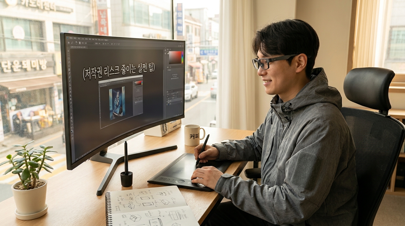 2026년 대한민국에서 저작권 리스크 줄이는 팁을 보며 AI 이미지 편집 작업 중인 콘텐츠 크리에이터 모습