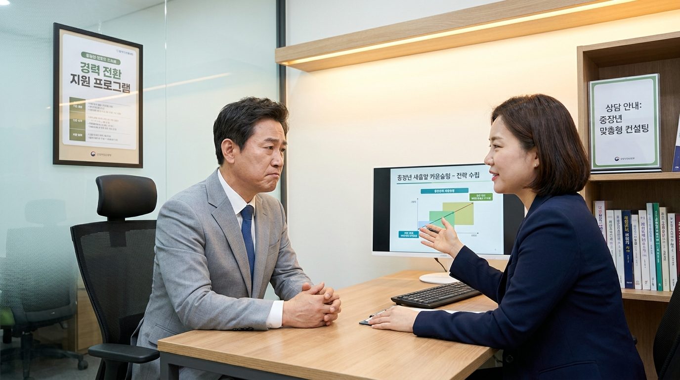중장년 새출발 카운슬링에서 상담을 받고 있는 50대 한국 남성의 모습