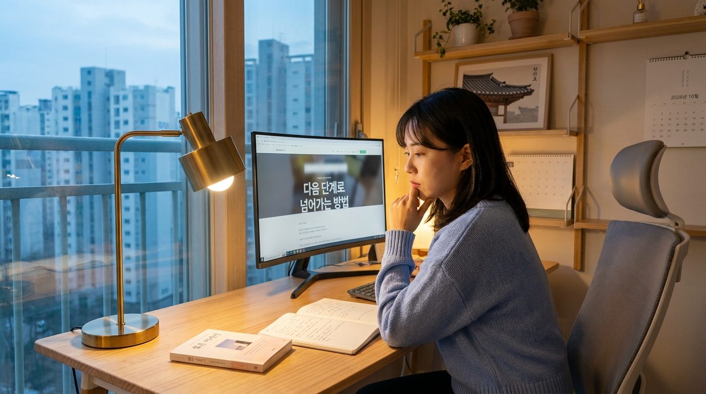 따뜻한 조명이 켜진 현대적인 한국 가정의 서재에서 독서 계획을 세우며 생각에 잠긴 한국 여성