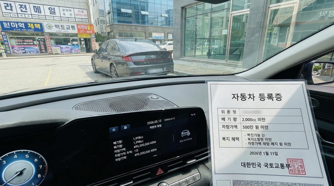 서울 깔끔한 도심 거리에서 2,000cc 미만 배기량과 차량가액 500만 원 미만인 자동차 내부 및 외관 세부사항