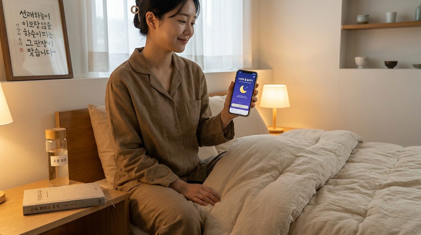 근육 회복을 위한 수면 준비를 하는 한국인 여성의 실내 고화질 이미지
