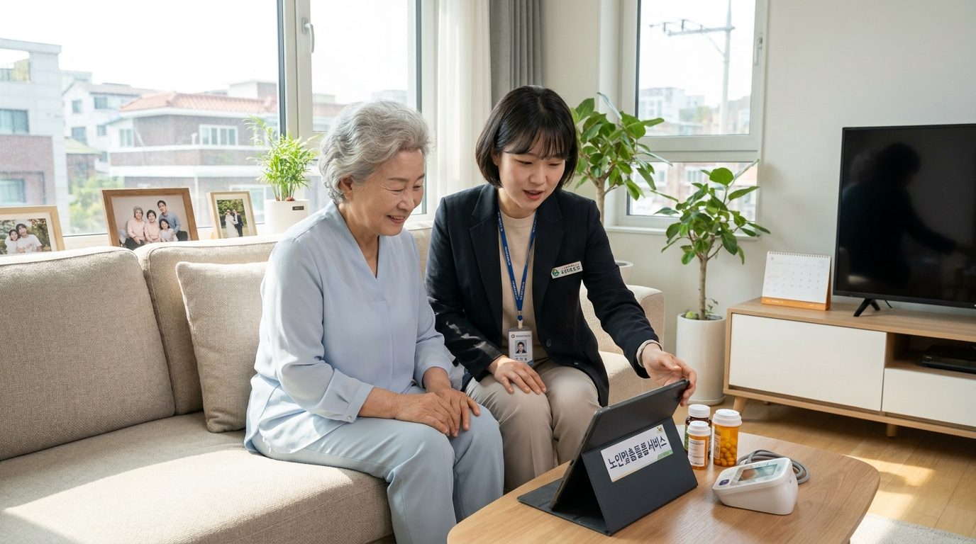 노인맞춤돌봄서비스 사회복지사가 어르신을 방문해 돌봄을 제공하는 장면