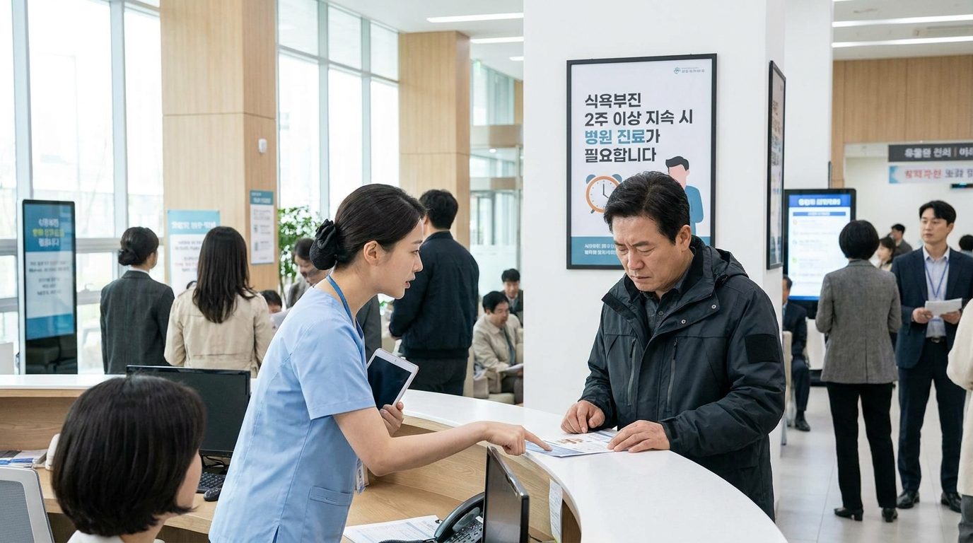 병원 접수처에서 간호사와 상담 중인 한국 중년 남성, 식욕부진 관련 안내 포스터