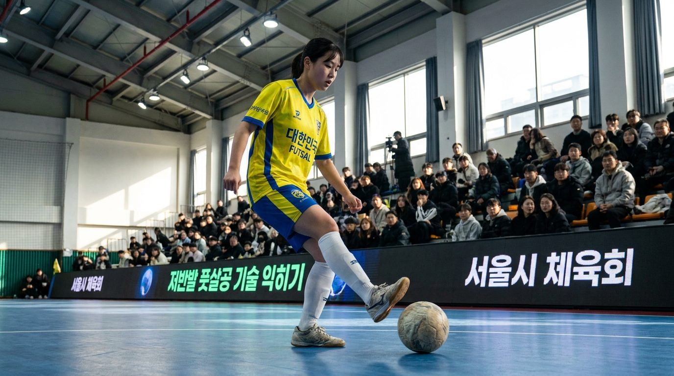 저반발 풋살공을 이용한 볼 컨트롤 기술을 시연하는 한국 여자 풋살 선수의 실사 사진