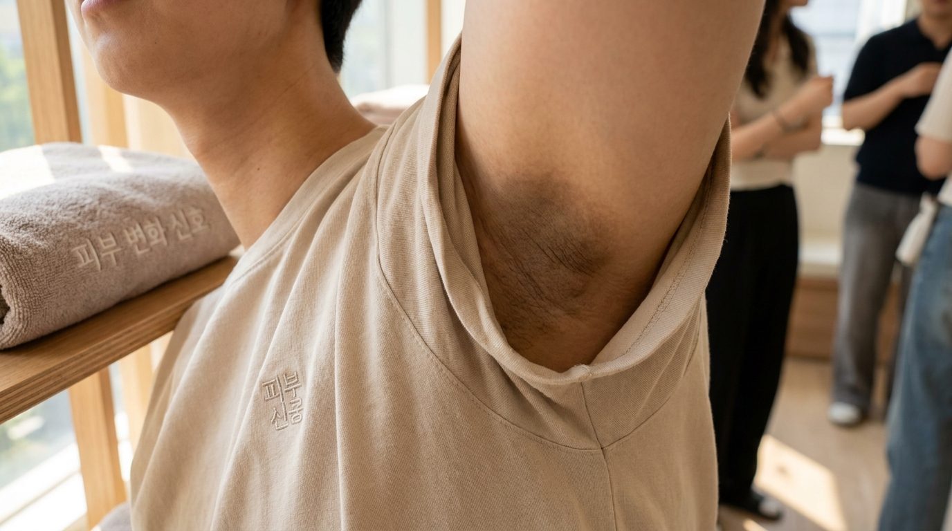 목 겨드랑이 피부착색, 흑색가시세포증으로 목과 겨드랑이 피부가 두껍고 거뭇하게 변한 모습의 실제감 있는 클로즈업 사진