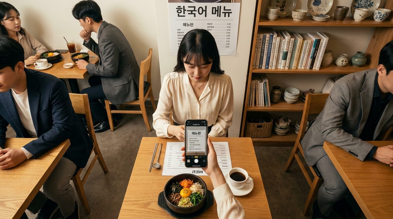한국 카페에서 메뉴판 번역 중인 여성의 모습