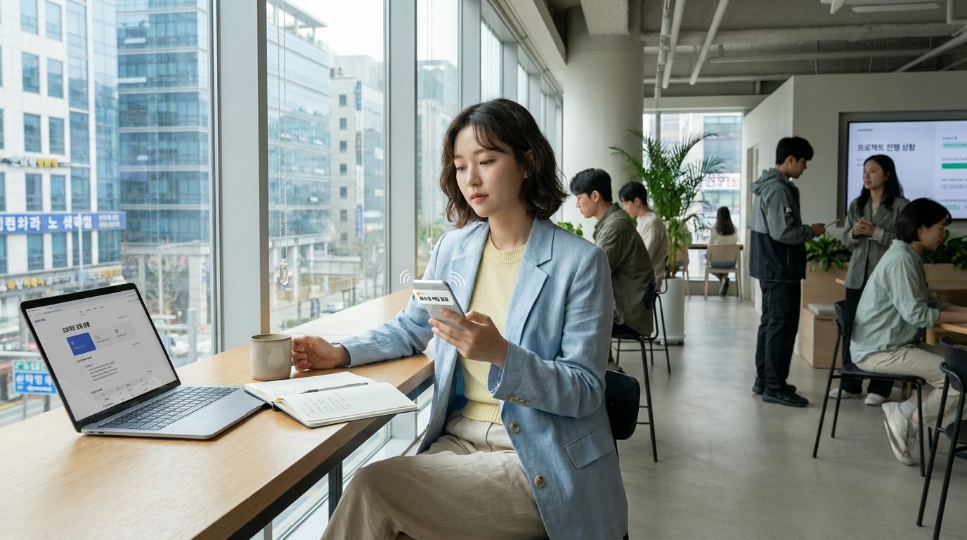 직장인에세이 추천: 월요일 아침 알람 울리는 현대 한국 사무실에서 고민하는 젊은 여성의 모습