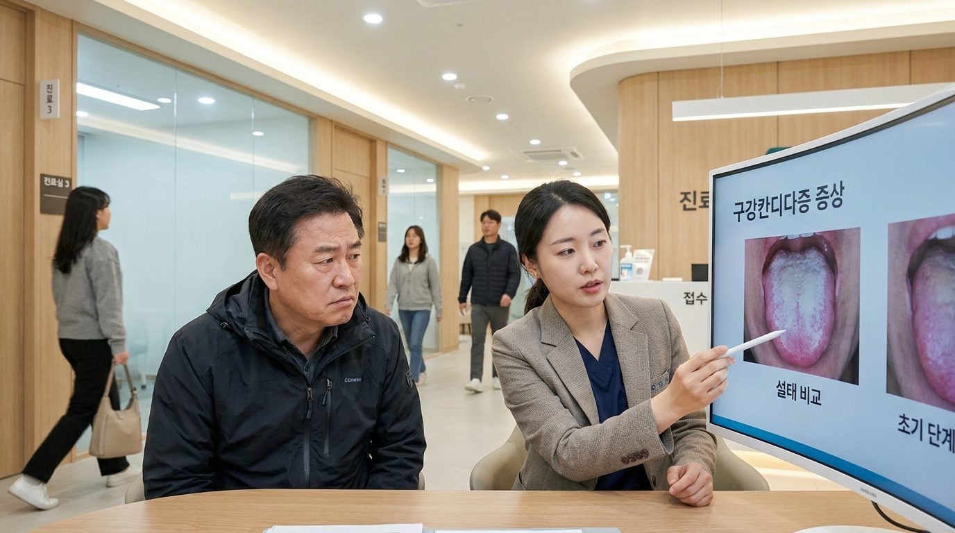 현대 한국 의료시설에서 구강칸디다증 증상을 의사와 상담하는 중년 한국인 환자