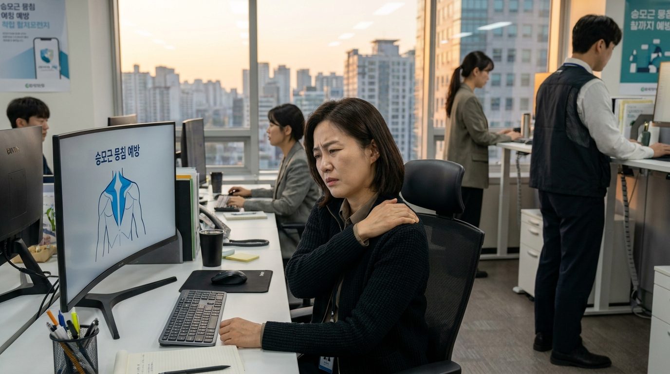 퇴근 무렵 어깨가 뻐근하고 피곤한 표정의 한국 사무직 직장인의 실사 이미지
