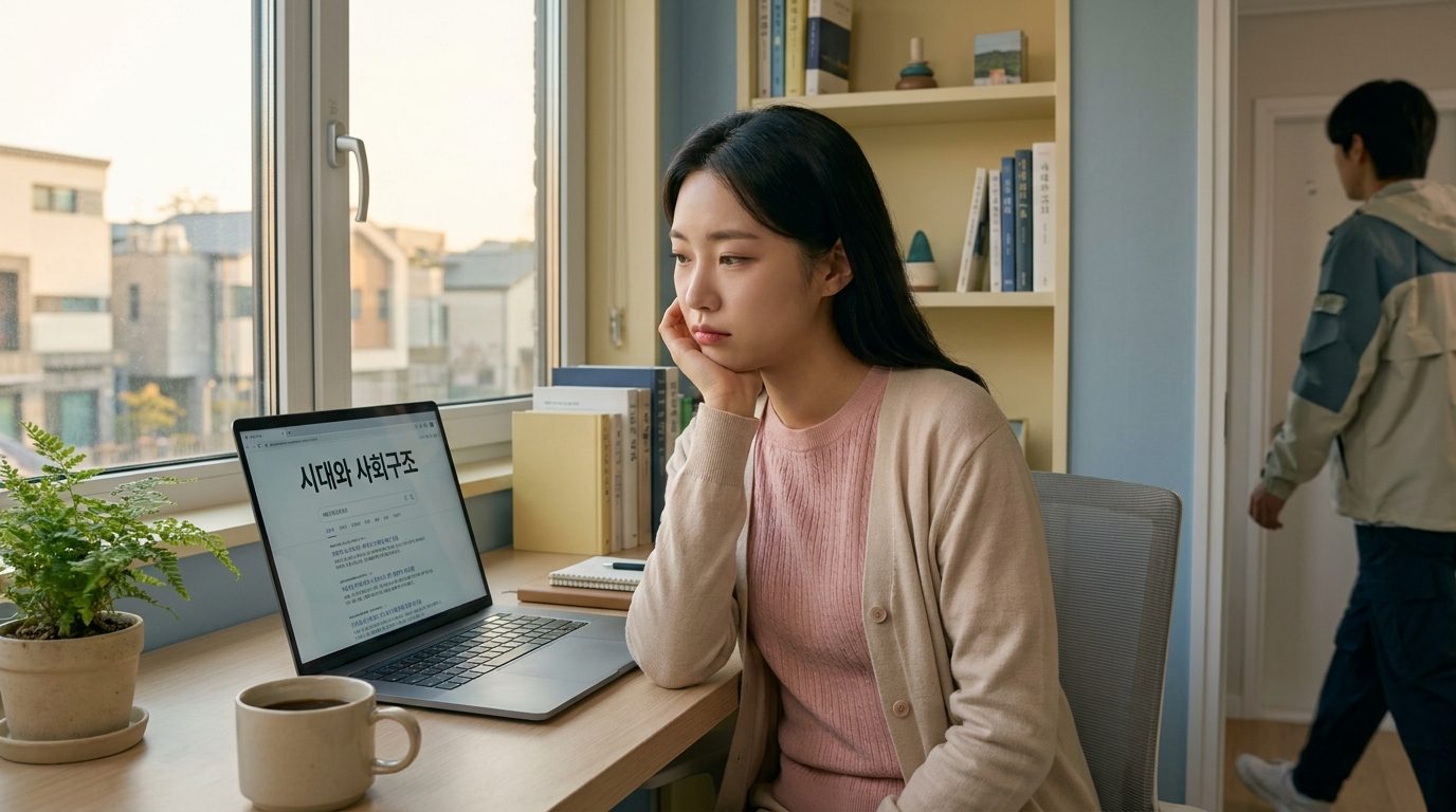 과거 사회 구조에 관해 노트북으로 연구하는 차분한 모습의 한국 여성
