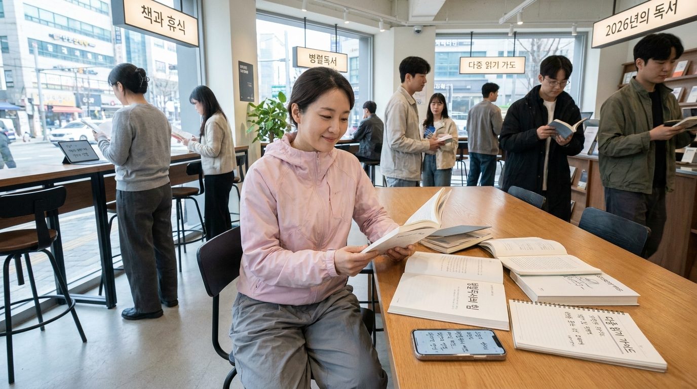 병렬독서 방법: 병렬독서의 개념을 설명하는 편안한 독서 환경에서 여러 권의 책을 펼쳐 놓고 읽는 여성의 모습