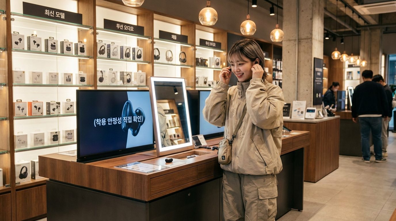 전자제품 매장에서 무선 러닝 이어폰 착용 안정성을 확인하는 한국 여성 고객의 모습