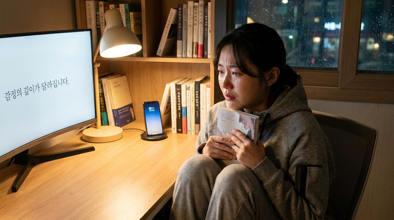 슬픈 소설 추천: 슬픈 소설에 몰입하며 눈가에 눈물이 맺힌 현대 한국의 독서 공간에서의 인물