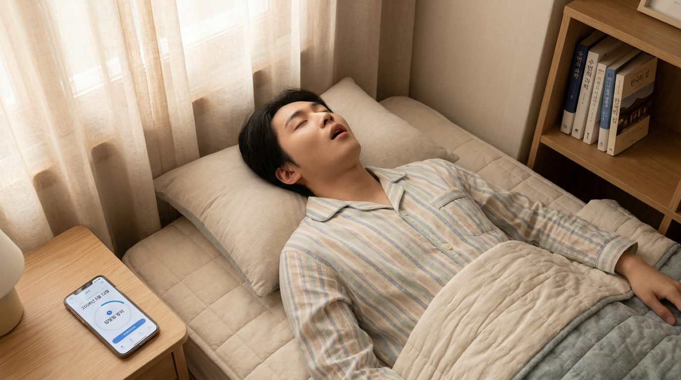 수면 자세로 인해 입으로 숨쉬는 모습을 형상화한 한국인 청년의 침실 풍경