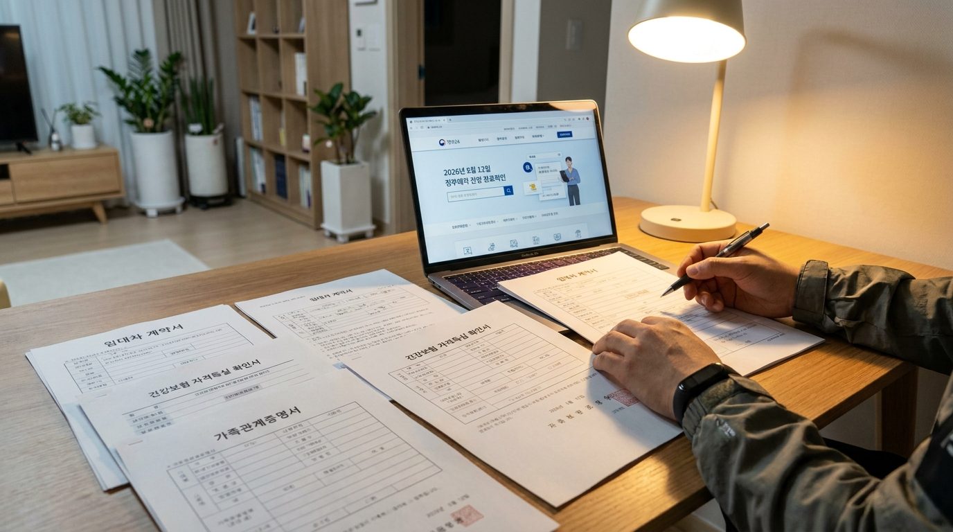 집수리 신청을 위해 임대차 계약서와 건강보험 서류를 준비하는 모습의 클로즈업 사진